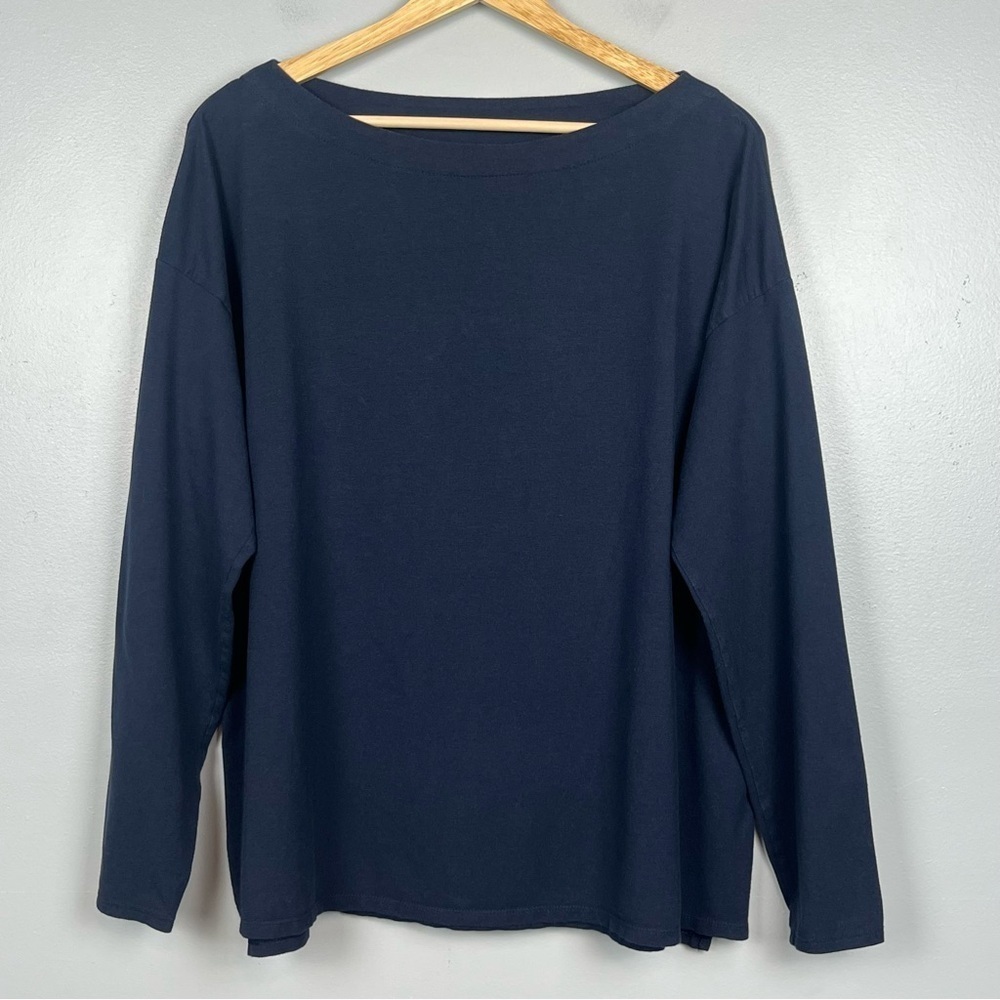 J.Jill navy Luxe Supima cotton modal spandex boat-neck boxy tee top, large.
